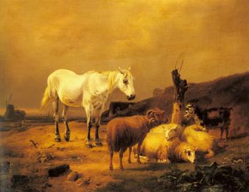 Eugene Joseph Verboeckhoven : A Horse, Sheep and a Goat in a Landscape